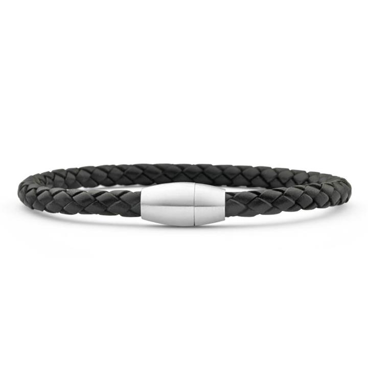 Forte Stainless Steel Black Leather 21cm Bracelet with Magnetic Clasp