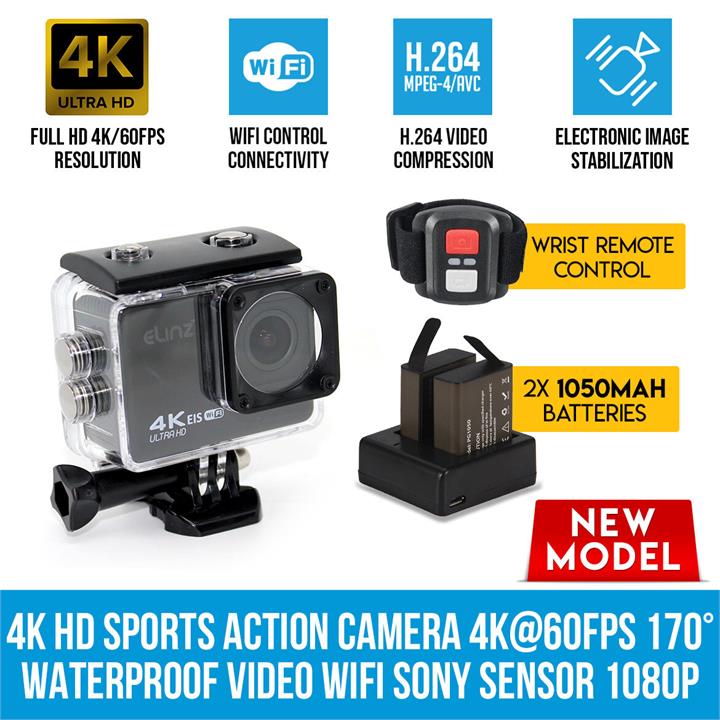 Elinz 4K HD Sports Action Camera 4K@60FPS 170 Waterproof Video WiFi Sony Sensor 1080P