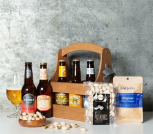 Wooden Beer Caddy with Savoury Treats